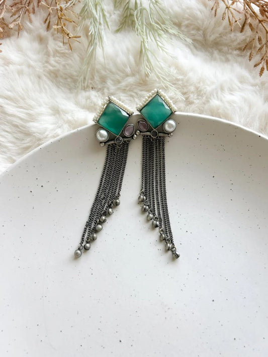 Oxidized Silver Chain Drop Earrings with Stone Statement Dangle Earrings for Women
