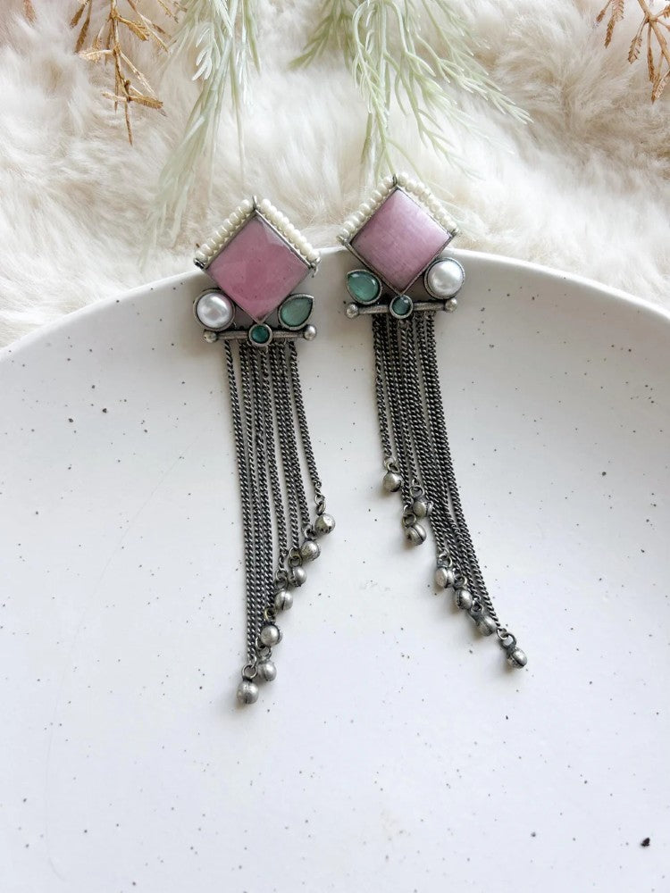 Oxidized Silver Chain Drop Earrings with Stone Statement Dangle Earrings for Women