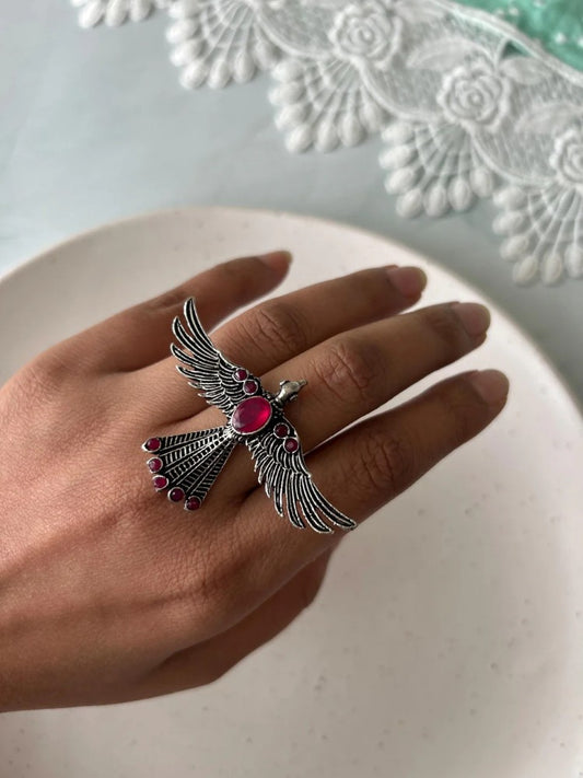 Antique Silver Bird Statement Ring with Pink Stone Accents