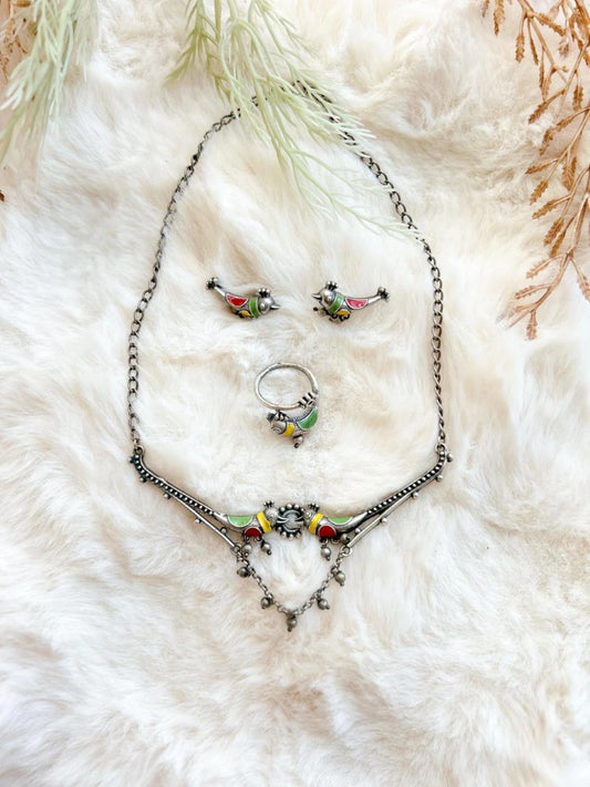 Oxidized Silver Bird Motif Jewelry Set, Colorful Necklace, Earrings and Adjustable Ring for Women