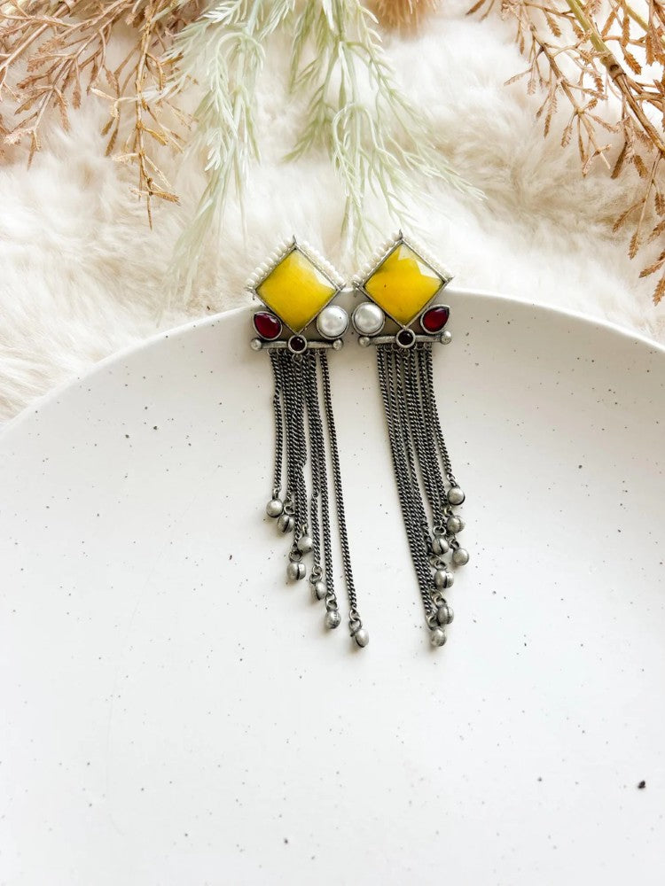 Oxidized Silver Chain Drop Earrings with Stone Statement Dangle Earrings for Women