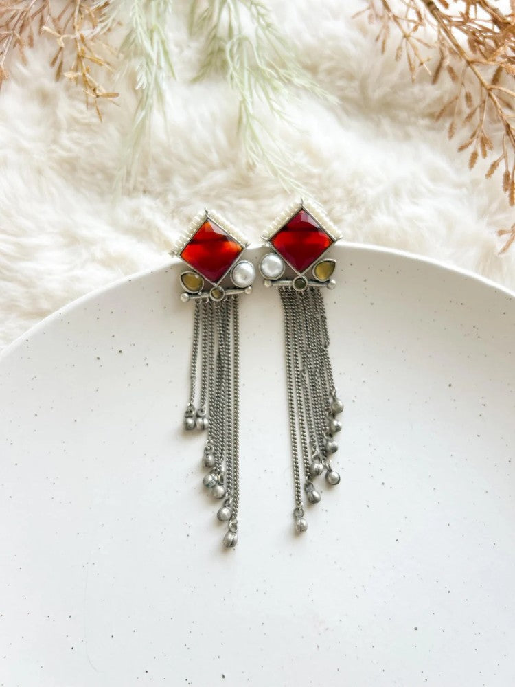 Oxidized Silver Chain Drop Earrings with Stone Statement Dangle Earrings for Women