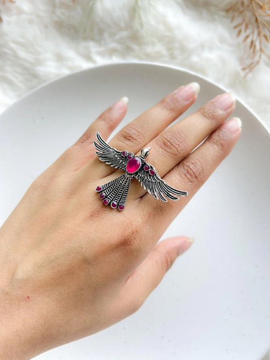 Antique Silver Bird Statement Ring with Pink Stone Accents