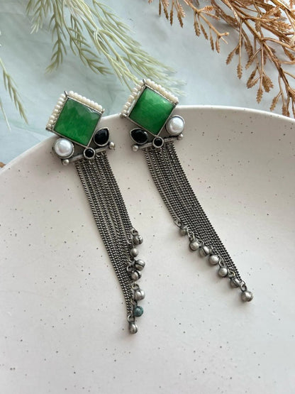 Oxidized Silver Chain Drop Earrings with Stone Statement Dangle Earrings for Women