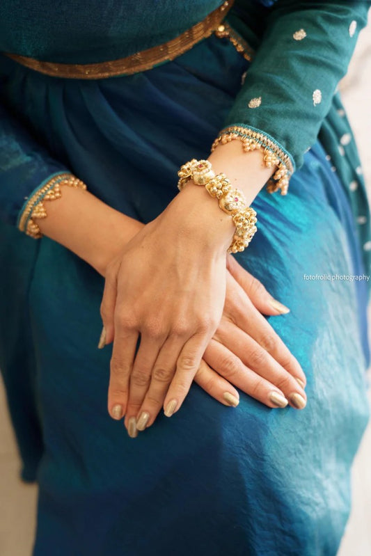 Traditional Gold-Plated Temple Style Bracelet Antique Kada with Floral Design for Women