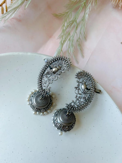 Oxidized Silver Peacock Jhumka Earrings with Pearls Traditional Ethnic Jewelry for Women